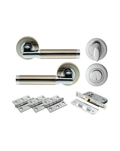 Belas Lever On Rose Bathroom Door - Satin Nickel and Polished Chrome